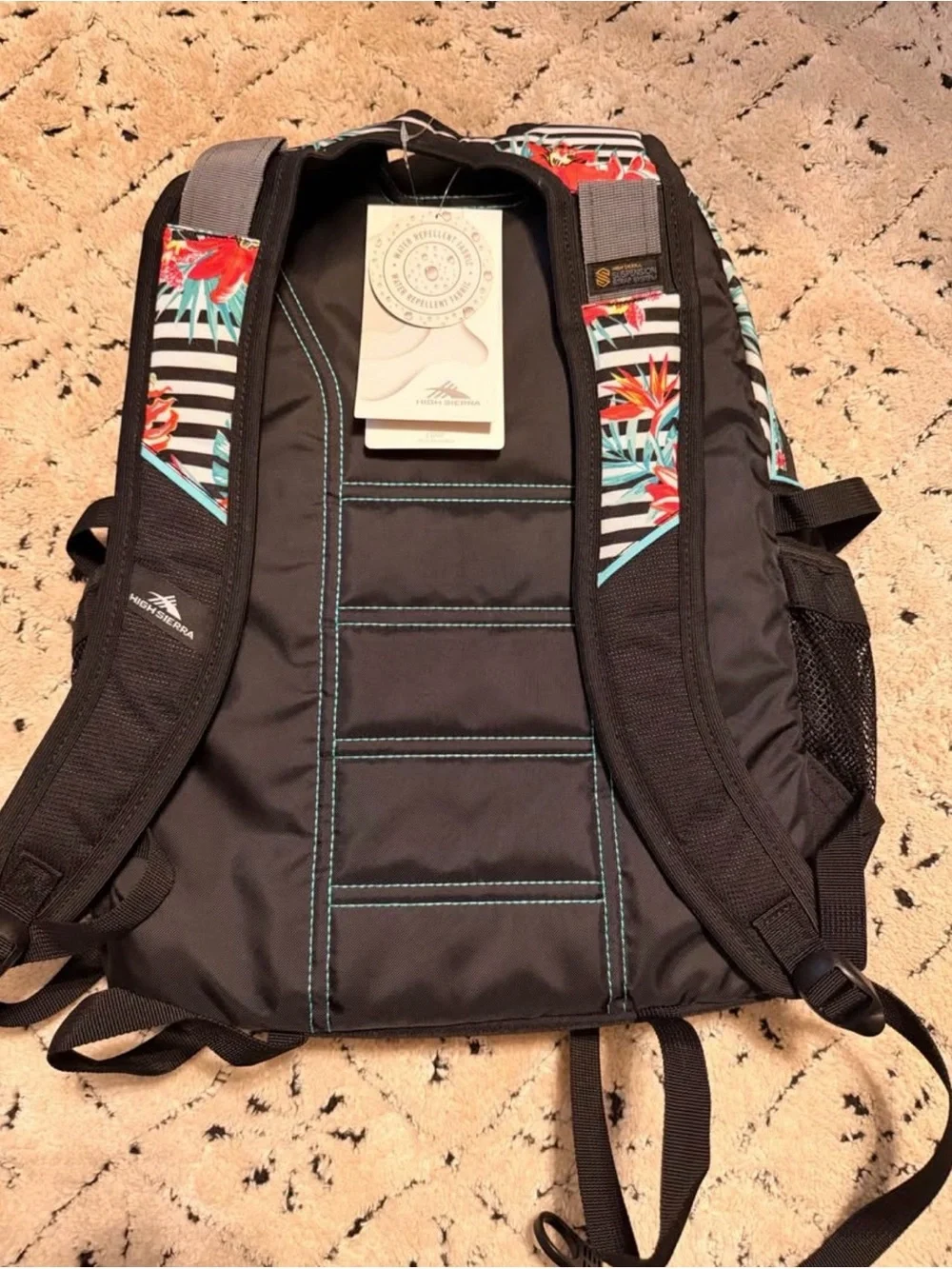 High Sierra Black, White, Red, Pink and Teal Floral Stripe Backpack